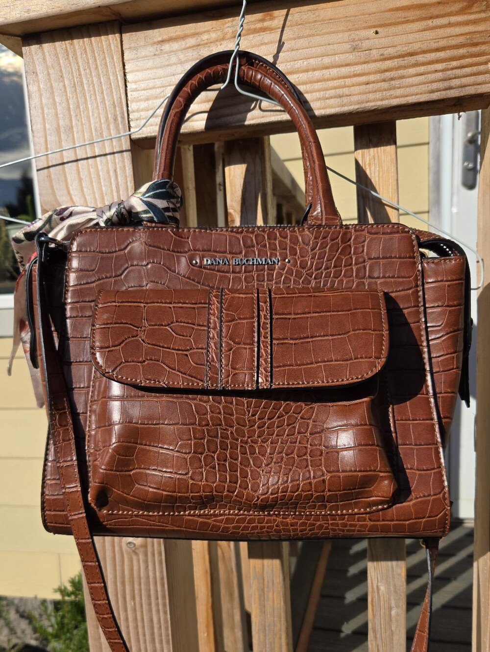 Dana Buchman Brown Croc Embossed Satchel Crossbody Purse Front Pocket
